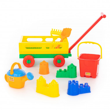 Набор №493: Тележка №2 с ручкой, ведро-крепость большое, совок №8, грабельки №8, лейка №8, формочки Замок (мост, башня, угловая, стена с двумя башнями) — Полесье Россия