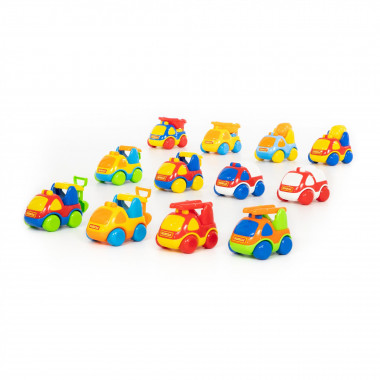 Карат, автомобили (микс №1) Самосвал (4 шт), бетоновоз (3 шт), эвакуатор (3 шт), пожарная спецмашина (3 шт), скорая помощь (4 шт), погрузчик (3 шт) — Полесье Россия