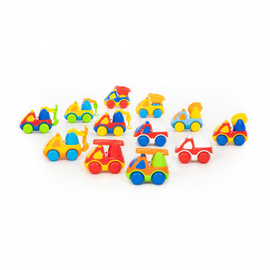 Карат, автомобили (микс №1) Самосвал (4 шт), бетоновоз (3 шт), эвакуатор (3 шт), пожарная спецмашина (3 шт), скорая помощь (4 шт), погрузчик (3 шт) — Полесье Россия