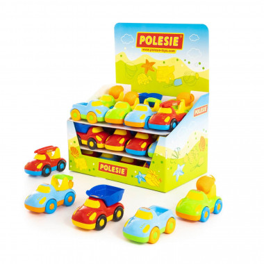 Автомобиль Дружок (Дисплей №19) Самосвал (9 шт), эвакуатор (3 шт), бетоновоз (3 шт), пожарный (3 шт), бетоновоз (3 шт) — Полесье Россия