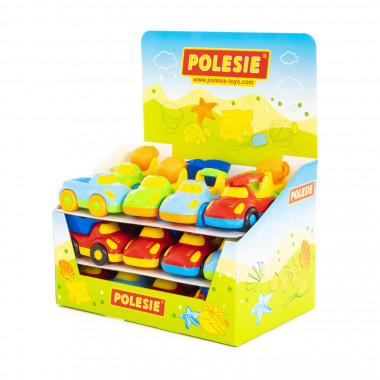 Автомобиль Дружок (Дисплей №19) Самосвал (9 шт), эвакуатор (3 шт), бетоновоз (3 шт), пожарный (3 шт), бетоновоз (3 шт) — Полесье Россия