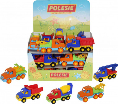 Дисплей №16 Гоша (автомобиль Самосвал (7 шт), пожарный (4 шт), эвакуатор (4 шт), бетоновоз (3 шт), коммунальный (3 шт) — Полесье Россия