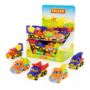 Гоша автомобиль (Дисплей №35) Самосвал (7 шт), пожарный (2 шт), эвакуатор (3 шт), бетоновоз (3 шт), коммунальный (3 шт) — Полесье Россия