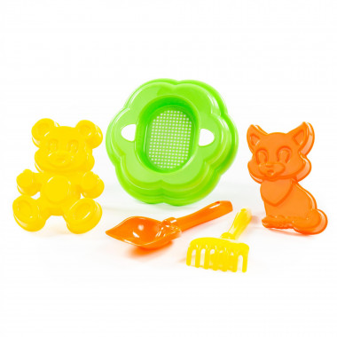 Набор №90 (лопатка №5, грабельки №5, формочки котёнок и медведь, ситечко-цветок) — Полесье Россия