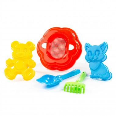 Набор №90 (лопатка №5, грабельки №5, формочки котёнок и медведь, ситечко-цветок) — Полесье Россия