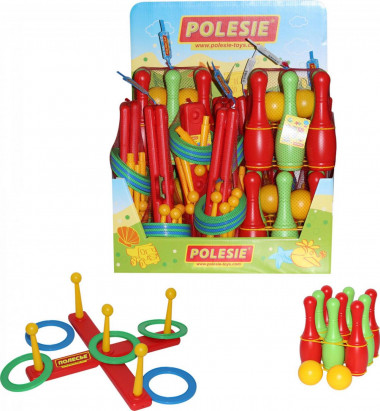 Набор игровой (дисплей №73) Polesie   (4 Набора Кегли, 9 штук + 10 игр Набрось кольцо ) — Полесье Россия