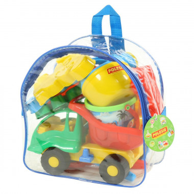 Набор №211 в рюкзаке (самосвал Муравей, ведро с наклейкой, лопатка №5, грабельки №5, лейка №4, формочки самосвал, паровоз, белочка, пёсик, котёнок, медведь) — Полесье Россия