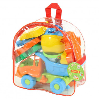 Набор №211 в рюкзаке (самосвал Муравей, ведро с наклейкой, лопатка №5, грабельки №5, лейка №4, формочки самосвал, паровоз, белочка, пёсик, котёнок, медведь) — Полесье Россия