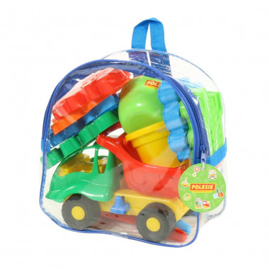 Набор №301 в рюкзаке (самосвал Муравей, ведро, лопатка №5, грабельки №5, лейка №4, формочки самосвал, паровоз, белочка, пёсик, котёнок, медведь) — Полесье Россия