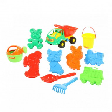 Набор №301 в рюкзаке (самосвал Муравей, ведро, лопатка №5, грабельки №5, лейка №4, формочки самосвал, паровоз, белочка, пёсик, котёнок, медведь) — Полесье Россия