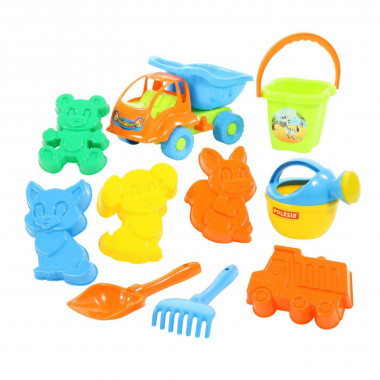 Набор №310 в рюкзаке ( самосвал Муравей, ведро-цветок, лопатка №5, грабельки №5, лейка 4, формочки транспорт, белочка, пёсик, котёнок, медведь) — Полесье Россия