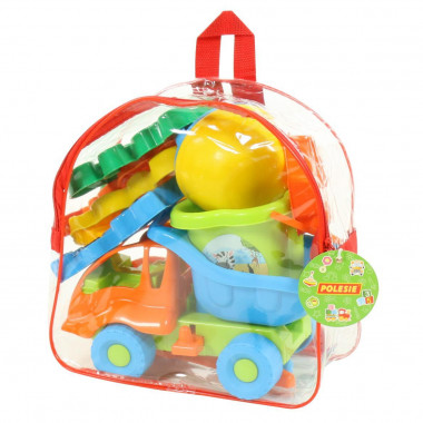 Набор №310 в рюкзаке ( самосвал Муравей, ведро-цветок, лопатка №5, грабельки №5, лейка 4, формочки транспорт, белочка, пёсик, котёнок, медведь) — Полесье Россия