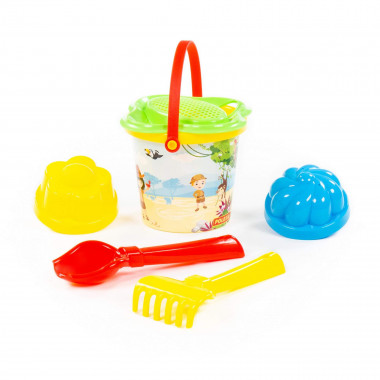 Набор №229: ведро малое с наклейкой, ситечко-цветок, совок №2, грабельки №2, 2 формочки — Полесье Россия