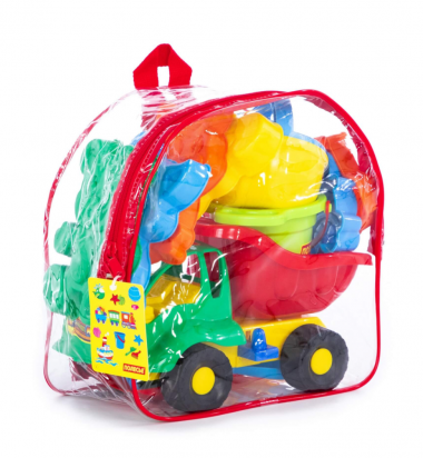 Набор №352 в рюкзаке (самосвал Муравей, ведро с носиком, лопатка №5, грабельки №5, лейка №4, формочки самосвал, паровоз, белочка, пёсик, котёнок, медведь) — Полесье Россия