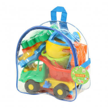 Набор №352 в рюкзаке (самосвал Муравей, ведро с носиком, лопатка №5, грабельки №5, лейка №4, формочки самосвал, паровоз, белочка, пёсик, котёнок, медведь) — Полесье Россия