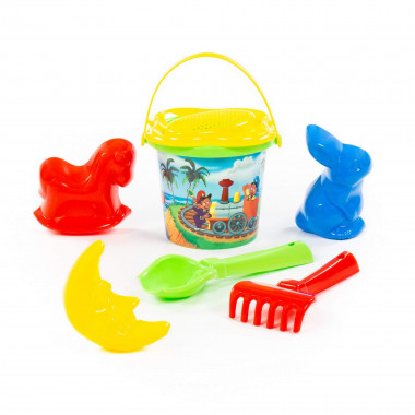 Набор №250: ведро малое с наклейкой, ситечко-цветок, совок №2, грабельки №2, формочки (заяц + лошадка + месяц) — Полесье Россия