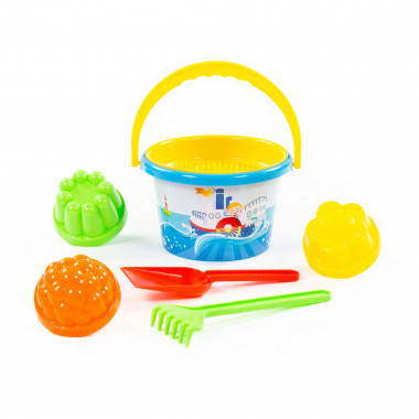 Набор №182: ведро среднее с наклейкой, ситечко, лопатка, грабельки, 3 формочки — Полесье Россия