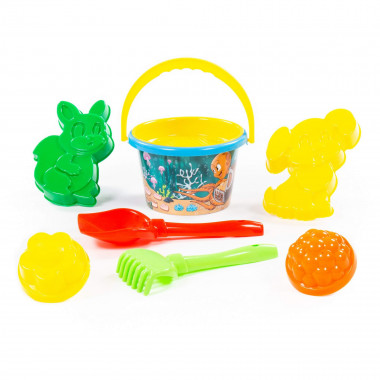 Набор №213: ведро среднее с наклейкой, ситечко, лопатка №5, грабельки №5, формочки (белочка + пёсик), 2 формочки — Полесье Россия