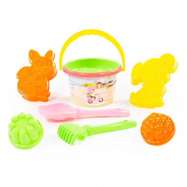 Набор №213: ведро среднее с наклейкой, ситечко, лопатка №5, грабельки №5, формочки (белочка + пёсик), 2 формочки — Полесье Россия