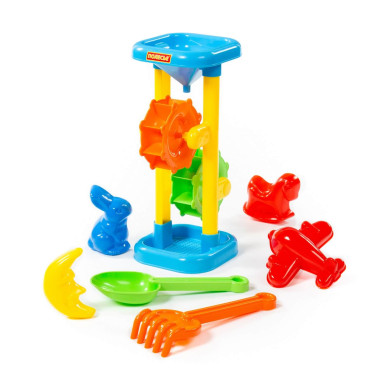 Набор №282: песочная мельница (h=308 мм), совок №7, грабельки №7, формочки (заяц + лошадка + месяц + самолёт) — Полесье Россия