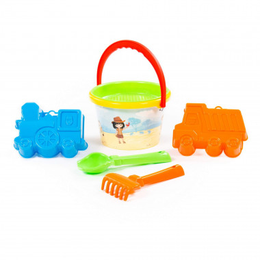 Набор №252: ведро среднее с наклейкой, ситечко, совок №2, грабельки №2, формочки (самосвал + паровоз) — Полесье Россия