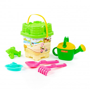 Набор №589: ведро-замок большое с наклейкой, ситечко-замок большое, лопатка №32, грабельки №32, формочка (самолёт), кораблик &quot;Юнга&quot;, лейка №8 — Полесье Россия