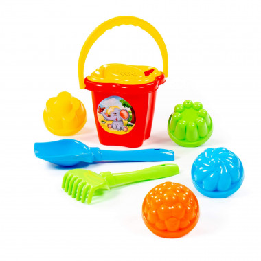 Набор №142: ведро-цветок среднее, ситечко-цветок, лопатка №5, грабельки №5, 4 формочки — Полесье Россия