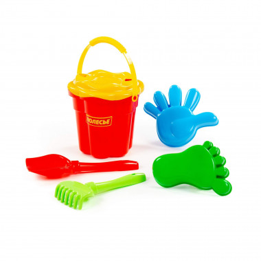 Набор №308: ведро-цветок среднее №3, ситечко-цветок среднее №3, лопатка №5, грабельки №5, формочки (ладошка + ножка) — Полесье Россия