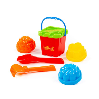 Набор №261: ведро-крепость малое, ситечко-крепость, совок №2, грабельки №2, 3 формочки — Полесье Россия