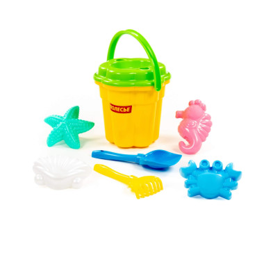 Набор №362: ведро-цветок большое, ситечко-цветок большое, лопатка №5, грабельки №5, 4 формочки (краб, конек, звезда, ракушка) &mdash; Полесье Россия