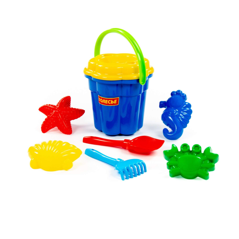 Набор №362: ведро-цветок большое, ситечко-цветок большое, лопатка №5, грабельки №5, 4 формочки (краб, конек, звезда, ракушка) фото 1 &mdash; Полесье Россия