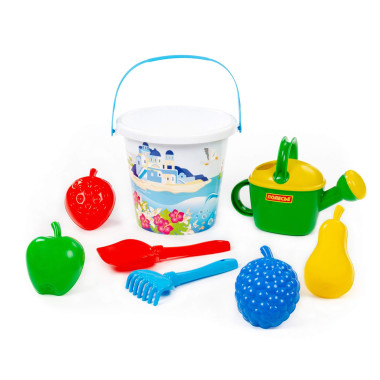 Набор №602: ведро большое с наклейкой, лопатка №5, грабельки №5, формочки &quot;Фрукты&quot; 4 шт, лейка №8 — Полесье Россия