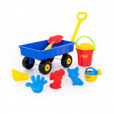 Набор №382: тележка Дачная, ведро-цветок большое, ситечко-цветок большое, лопата большая №2, лейка малая №4, формочки (пёсик, котёнок, ладошка, ножка) — Полесье Россия