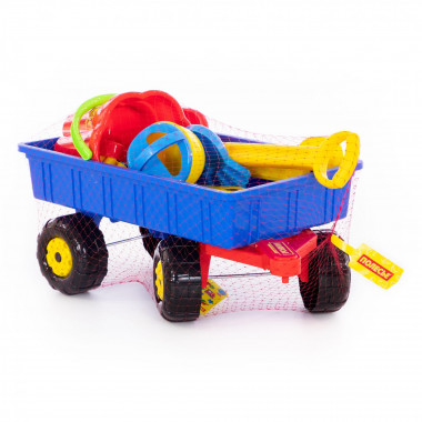 Набор №382: тележка Дачная, ведро-цветок большое, ситечко-цветок большое, лопата большая №2, лейка малая №4, формочки (пёсик, котёнок, ладошка, ножка) — Полесье Россия