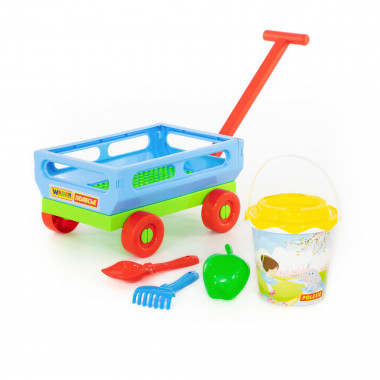 Набор №420: Тележка №2 с ручкой, Ведро с наклейкой, ситечко Солнышко, лопатка №5, грабельки №5, формочка Фрукты — Полесье Россия