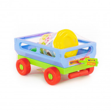 Набор №420: Тележка №2 с ручкой, Ведро с наклейкой, ситечко Солнышко, лопатка №5, грабельки №5, формочка Фрукты — Полесье Россия