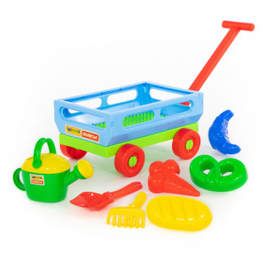 Набор №484: Тележка №2 с ручкой, лопата №6, грабли №6, лейка №8, формочки (мороженое, пирожок, крендель, рогалик) — Полесье Россия