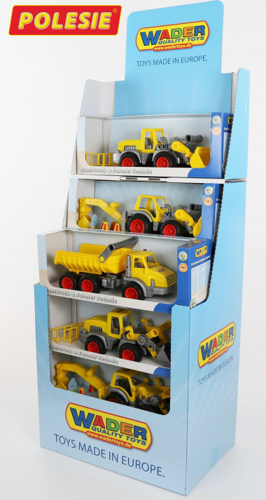 КонсТрак (дисплей №42) Wader   (КонсТрак трёхосный автомобиль-самосвал - 3 шт., КонсТрак трактор-погрузчик - 3 шт.,КонсТрак трактор-погрузчик с ковшом - 4 шт.) — Полесье Россия