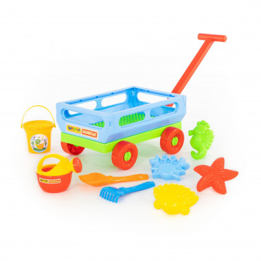 Набор №487: Тележка №2 с ручкой, ведро малое, лопатка №5, грабельки №5, лейка малая №4, формочки (краб №1, морской конёк, морская звезда №1, ракушка №1) — Полесье Россия