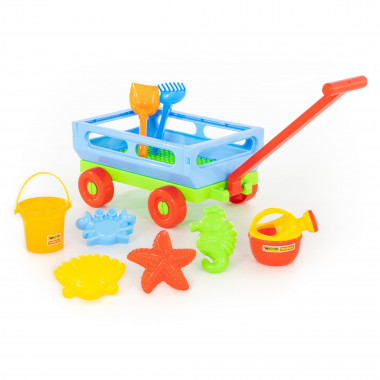 Набор №487: Тележка №2 с ручкой, ведро малое, лопатка №5, грабельки №5, лейка малая №4, формочки (краб №1, морской конёк, морская звезда №1, ракушка №1) — Полесье Россия