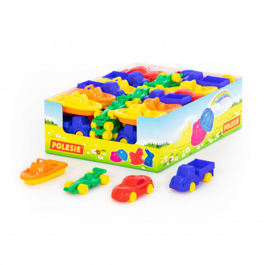 Игрушки Мини (дисплей №1) Автомобили Мини грузовой (16 шт), легковой (16 шт), гоночный (16 шт), катер Мини (16 шт) — Полесье Россия