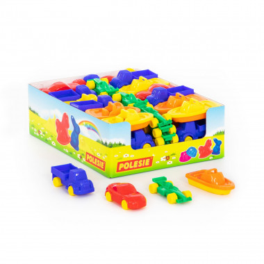 Игрушки Мини (дисплей №1) Автомобили Мини грузовой (16 шт), легковой (16 шт), гоночный (16 шт), катер Мини (16 шт) — Полесье Россия