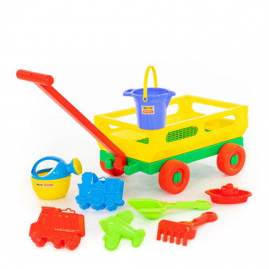 Набор №488: Тележка №2 с ручкой, ведро малое с носиком, совок №8, грабельки №8, лейка малая №4, формочки (самосвал, паровоз, самолёт), кораблик Юнга — Полесье Россия